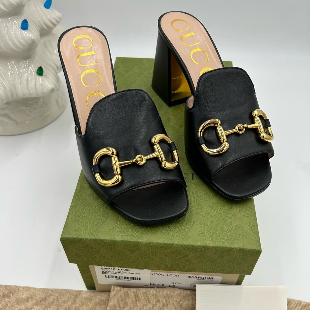 Women's Gucci Horsebit Leather mid heel slide sandal size 37.5 made in Italy - Picture 1 of 9